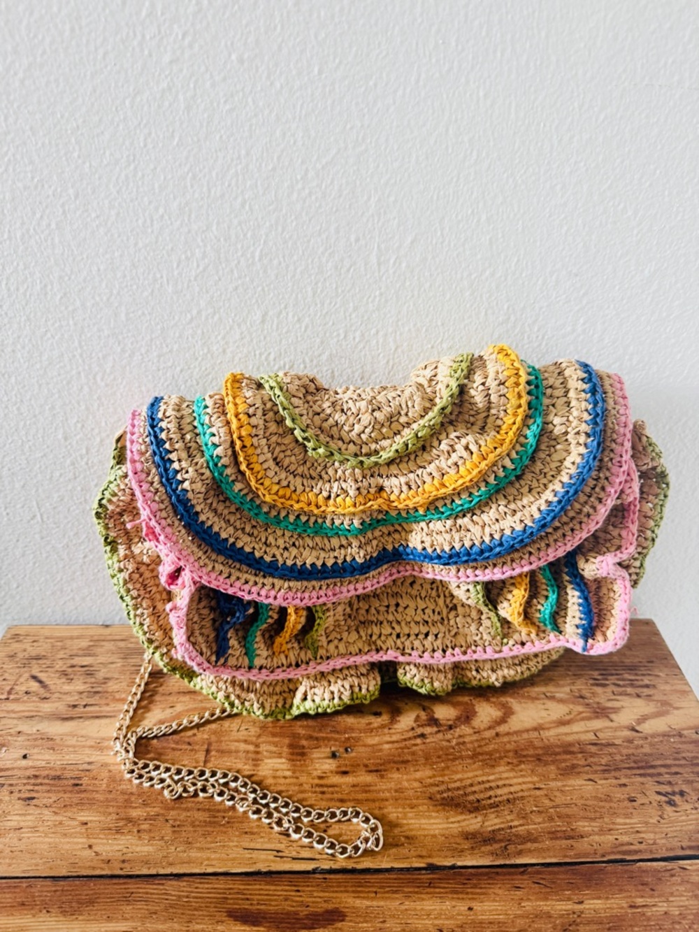 Anthropologie Maeve Multicolor Ruffle Purse Gold Chain Bag - Picture 7 of 8
